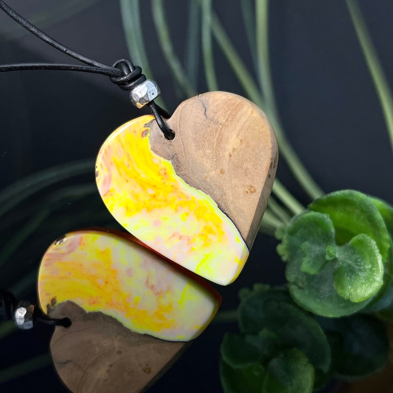 Handmade Fluorescent Heart Pendant Made of Olive Wood & Resin, Glows in