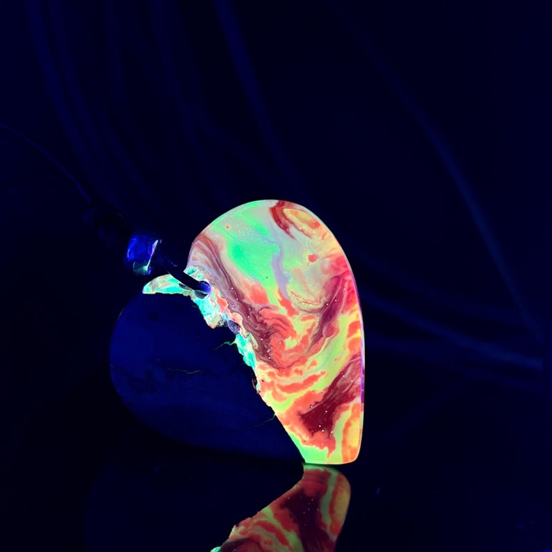 Handmade Fluorescent Heart Pendant Made of Olive Wood & Resin, Glows in