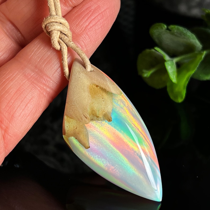 Handmade Burl Wood Pendant With Dazzling Lab Opal Inspired by Northern