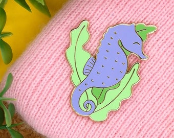 Purple short snouted seahorse hard enamel lapel pin. Pins for ocean lovers
