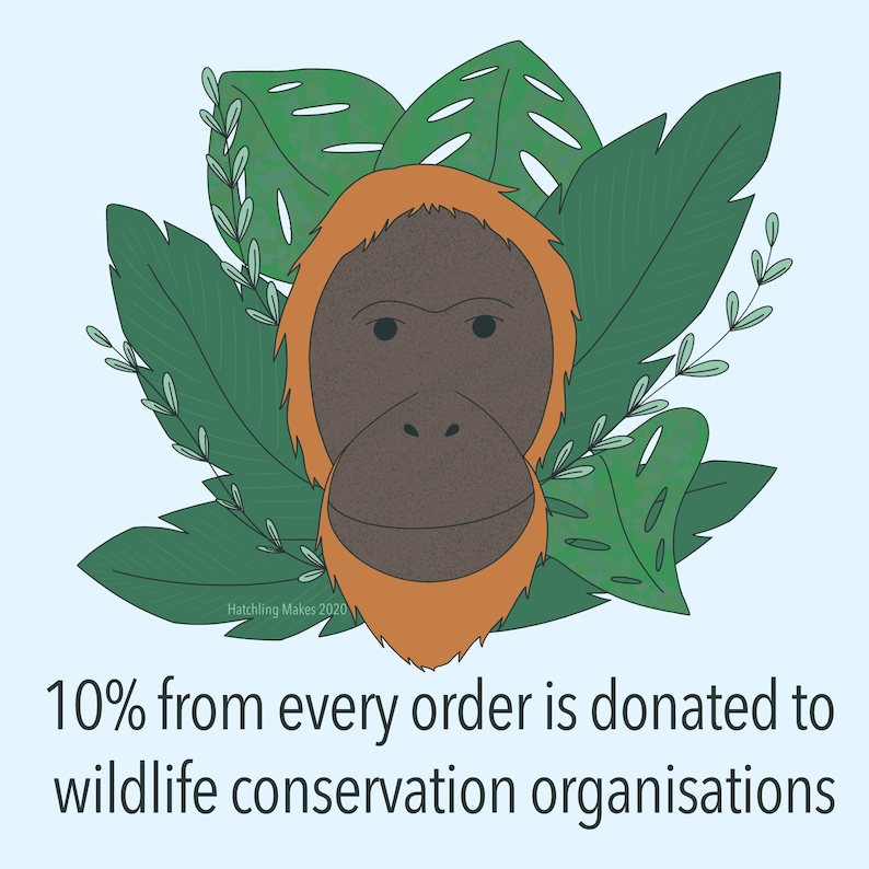 May include: An illustration of an orangutan's face surrounded by green leaves. The text "10% from every order is donated to wildlife conservation organisations" is below the image.