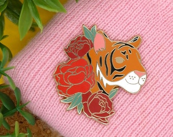 Peony tiger hard enamel lapel pin. Lunar new year 2022.