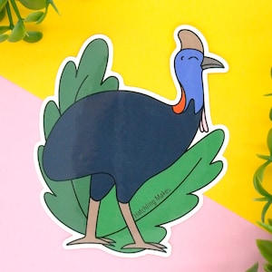 Autocollant imperméable en vinyle découpé à l'état de casoar du sud. Sticker oiseau australien pour ordinateur portable. 10 % reversés à la conservation de la faune