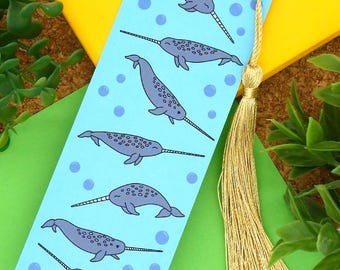 Narwhal bookmark. Luxury Velvet Soft Touch Bookmark. Whale illustration