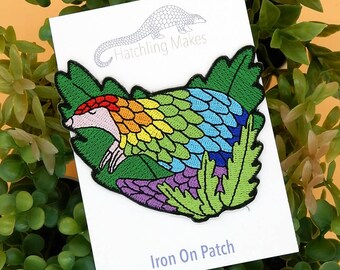 Rainbow pangolin embroidered jacket patch. Large wildlife inspired iron on patch.