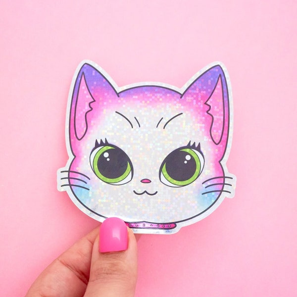 Holographic Cowbell Kitty Cat Sticker - Decal Stickers | Planner Stickers | Laptop Stickers | 2000s Nostalgia | 90s Nostalgia | White Cat