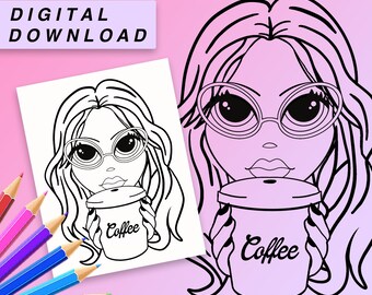 Coffee Girl Coloring Page Digital Download - Coloring sheet - Printable Coloring Page - Cyber Gurls Coloring Page - Coloring Book