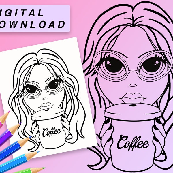 Coffee Girl Coloring Page Digital Download - Coloring sheet - Printable Coloring Page - Cyber Gurls Coloring Page - Coloring Book