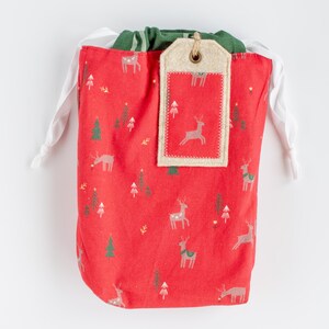 Playful Deer + Green Plaid Reversible Gift Bag and Reusable Gift Tag Set | Finney & Roo Sustainable Wrapping