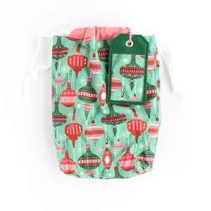 Retro Ornaments + Forest Green Fabric Gift Bag and Reusable Gift Tag Set | Finney & Roo Sustainable Wrapping