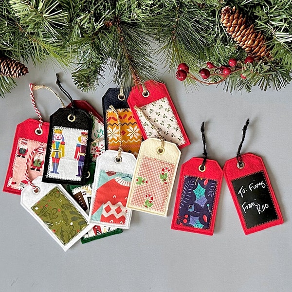 Christmas Gift Tags for Easy Presents | Eco-Friendly Gift Wrap | Wipe-Clean Fabric Hanging Name Tags in Xmas Holiday Fabrics