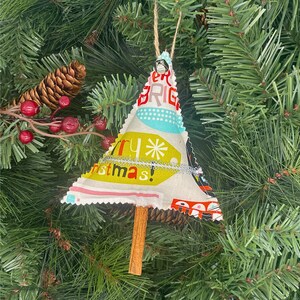 Modern Christmas Fabric Tree Ornament | Handmade Holiday and Home Decor | Hanging Jingle Bells Tree with Trim and Cinnamon Stick Trunk