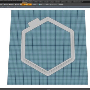 May include: A white 3D model of a hexagonal shape with a slightly raised edge. The model is on a blue and white grid background.