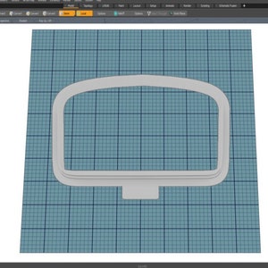 May include: A white 3D model of a car windshield frame, rendered on a blue grid background.