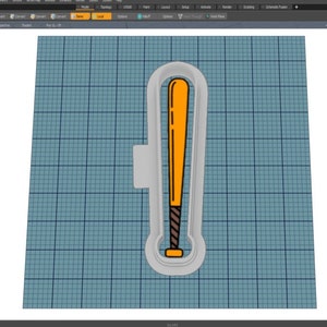 May include: A white 3D model of a baseball bat cookie cutter. The bat is outlined in black and has a brown handle. The bat is filled in with orange.