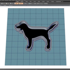 Puede incluir: Un modelo 3D de una silueta de perro negro, renderizado en un programa de modelado 3D. El perro está de pie sobre una superficie cuadriculada.