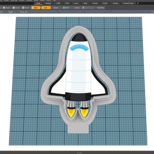 May include: A 3D model of a space shuttle cookie cutter. The cutter is white with black and blue accents, and yellow flames. The cutter is set against a blue grid background.