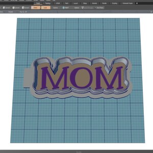 May include: A 3D model of the word "MOM" in a cookie cutter design. The letters are outlined in blue and filled with a light brown colour. The letters have a purple outline.