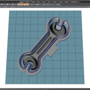 May include: A 3D model of a wrench, rendered in a 3D modelling software. The wrench is grey and has a blue outline. The wrench is on a blue grid background.