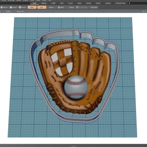 May include: A brown leather baseball glove with white stitching and a white baseball with red stitching inside. The glove and ball are in a 3D model design.
