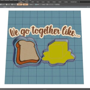 Può includere: Un'illustrazione digitale di una fetta di pane e un pezzo di burro con il testo "We go together like..." sopra.