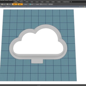 May include: A 3D model of a cloud-shaped cookie cutter. The cutter is made of light grey plastic and has a smooth surface. The cutter is shown on a blue grid background.