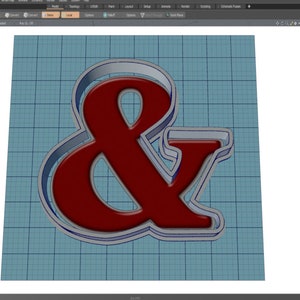 May include: A 3D rendering of the ampersand symbol. The ampersand is red with a silver outline and is set against a blue grid background.