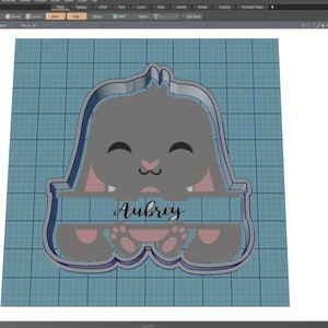 May include: A grey and pink cookie cutter in the shape of a bunny holding a banner with the name "Aubrey" written on it.