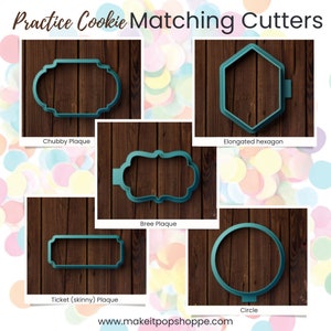 May include: Set of six teal cookie cutters on a wood background. The cutters are shaped like a circle, a rectangle, a hexagon, and three different styles of plaques.