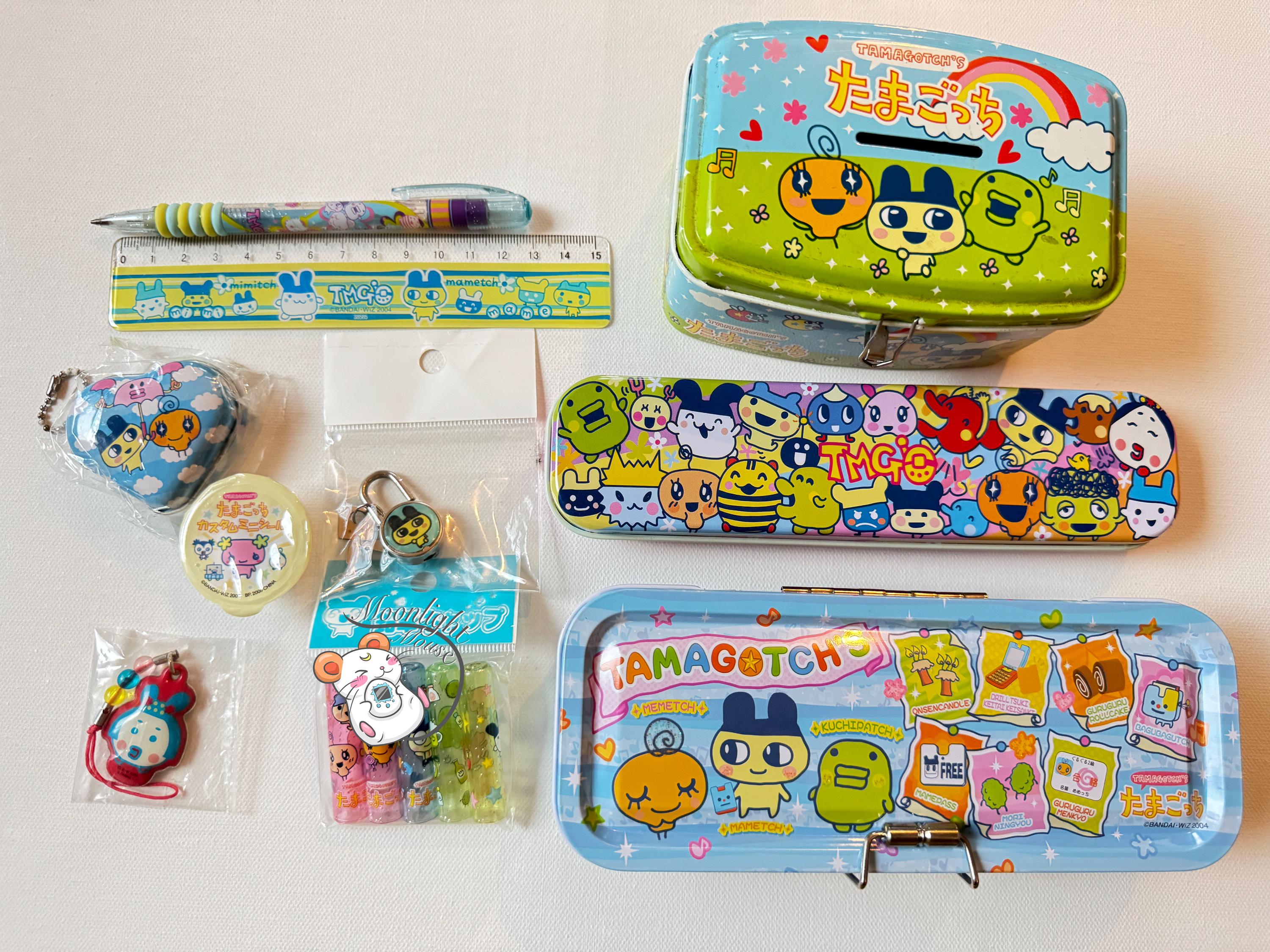 Tamagotchi Connection Stationary Pen Pencil Case Kutchipatchi Mametchi Piggy Bank Lock Key Box Charm Bandai Japan 2005