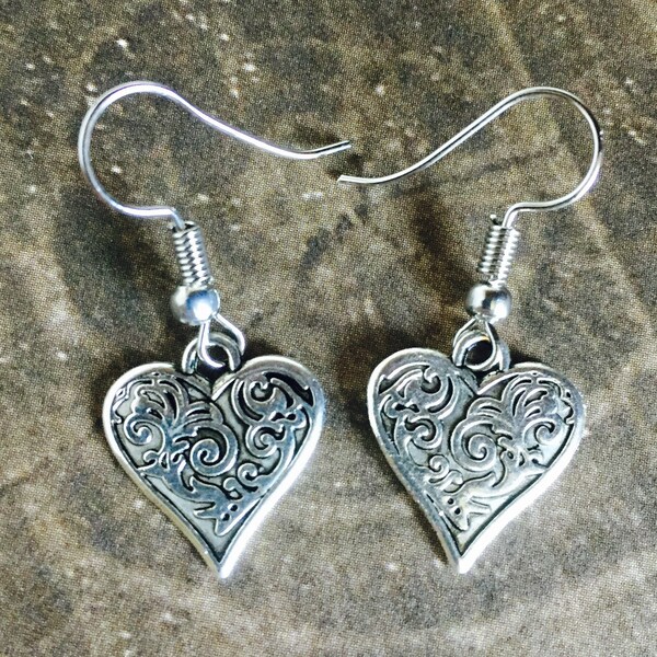 Heart Earrings - Tibetan Silver - Makes a Great Gift - Handmade with Love!