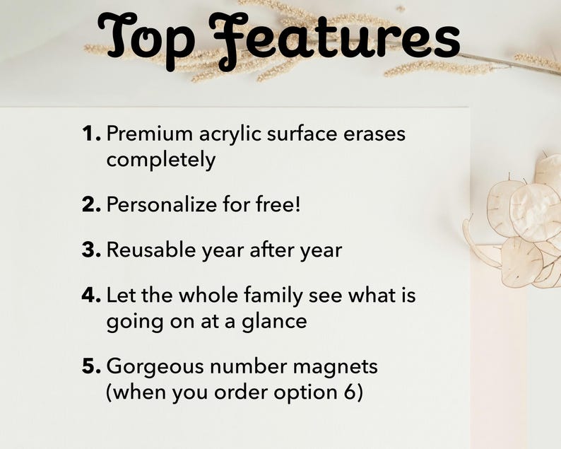 May include: White background with the text "Top Features" in a decorative font. The text lists features including a premium acrylic surface, personalization, reusability, and number magnets.