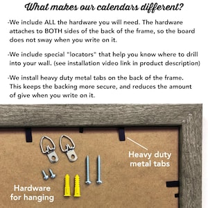 May include: Close-up of a wooden framed calendar backing, showcasing included hardware for hanging. The image highlights metal tabs, screws, wall anchors, and D-ring hangers. Text reads "What makes our calendars different?" and details about the hardware.