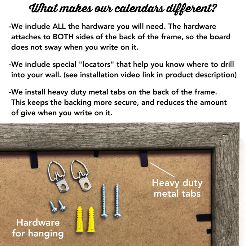 May include: Close-up of a wooden framed calendar backing, showcasing included hardware for hanging. The image highlights metal tabs, screws, wall anchors, and D-ring hangers. Text reads "What makes our calendars different?" and details about the hardware.
