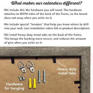 May include: Close-up of hardware included with a calendar. The hardware includes two D-rings, four screws, and two yellow plastic anchors. The text "Heavy duty metal tabs" is written on the frame.