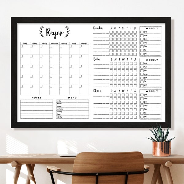 Dry Erase Board Personalized Family Wall Calendar for 2023 |  Framed Custom Wall Calendar | 3, 4, 5 or 6 chore charts | #24159