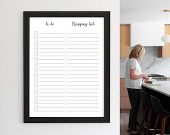 May include: A black framed white board with two columns, labeled "To-do" and "Shopping List". Each column has 25 lines with checkboxes next to each line.
