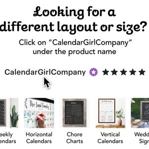 May include: Image promoting CalendarGirlCompany, featuring various calendar styles: weekly, horizontal, chore charts, vertical, and wedding signs. Text encourages exploring different layouts and sizes. The company logo and a five-star rating are also displayed.