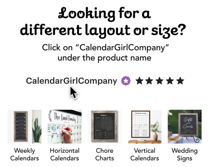 May include: Image promoting CalendarGirlCompany, featuring various calendar styles: weekly, horizontal, chore charts, vertical, and wedding signs. Text encourages exploring different layouts and sizes. The company logo and a five-star rating are also displayed.