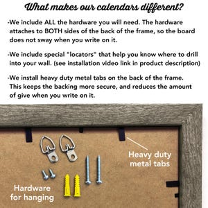 May include: Close-up of a wooden framed calendar backing, showcasing included hardware for hanging. The image highlights metal tabs, screws, wall anchors, and D-ring hangers. Text reads "What makes our calendars different?" and details about the hardware.