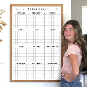 May include: A white dry-erase calendar with a wooden frame. The calendar is divided into 12 months, with each month having a grid of squares. The calendar is titled "Sorensen".