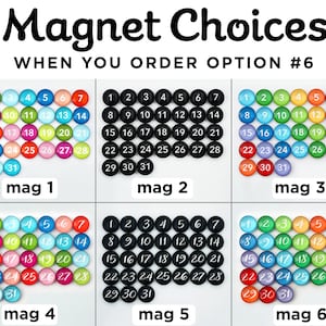 K&ouml;nnte beinhalten: Sechs S&auml;tze runder, bunter Magnete mit den Zahlen 1 bis 31. Jeder Satz ist mit dem Wort "mag" gefolgt von einer Zahl von 1 bis 6 beschriftet. Die Magnete sind in einem Raster von drei Reihen und zwei Spalten angeordnet.