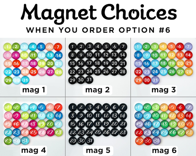 K&ouml;nnte beinhalten: Sechs S&auml;tze runder, bunter Magnete mit den Zahlen 1 bis 31. Jeder Satz ist mit dem Wort "mag" gefolgt von einer Zahl von 1 bis 6 beschriftet. Die Magnete sind in einem Raster von drei Reihen und zwei Spalten angeordnet.