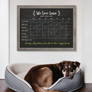 Reusable Dog Care Framed Chart, Chalkboard Dog Chore List, Weekly Dog Care, Pet Care Chart - #18426