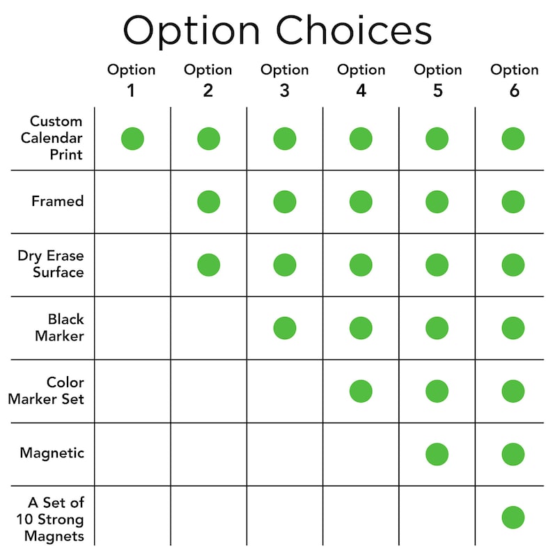 May include: A chart showing six different options for a custom calendar print. The options include framed, dry erase surface, black marker, colour marker set, magnetic, and a set of 10 strong magnets.