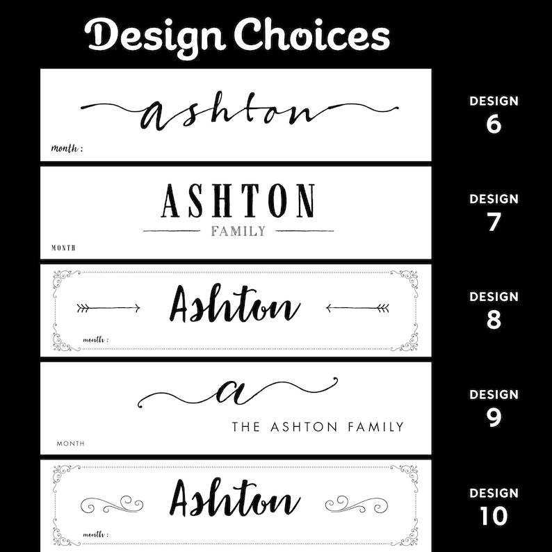 K&ouml;nnte beinhalten: F&uuml;nf verschiedene Designoptionen f&uuml;r ein personalisiertes Familienschild. Die Designs zeigen den Namen "Ashton" in verschiedenen Schriftarten und Stilen, darunter eine Schreibschrift, eine Blockschrift und eine Schrift mit Pfeilen. Die Designs beinhalten auch die W&ouml;rter "Family" und "The Ashton Family".