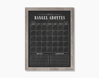 May include: A black chalkboard with a white frame, labeled "Familia Rangel Aboytes Est. 2016". The chalkboard has a monthly calendar, a notes section, and a shopping list section.