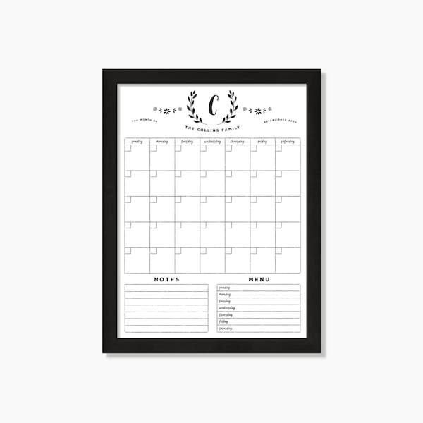 Farmhouse Monogrammed Whiteboard Calendar | Personalized Dry Erase Chalkboard Calendar | Command Center Medium #18100