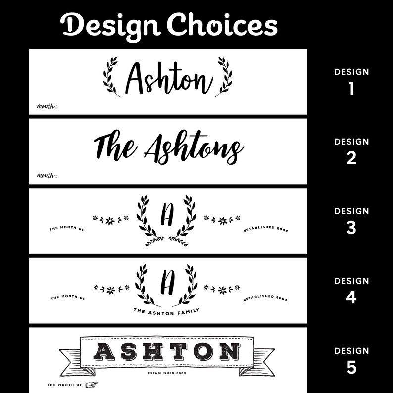K&ouml;nnte beinhalten: F&uuml;nf verschiedene Designoptionen f&uuml;r ein personalisiertes Familienschild. Die Designs zeigen einen Kranz, ein Banner und ein Monogramm. Der Text auf dem Schild lautet "Ashton", "The Ashtons", "A", "The Ashton Family" und "Ashton".