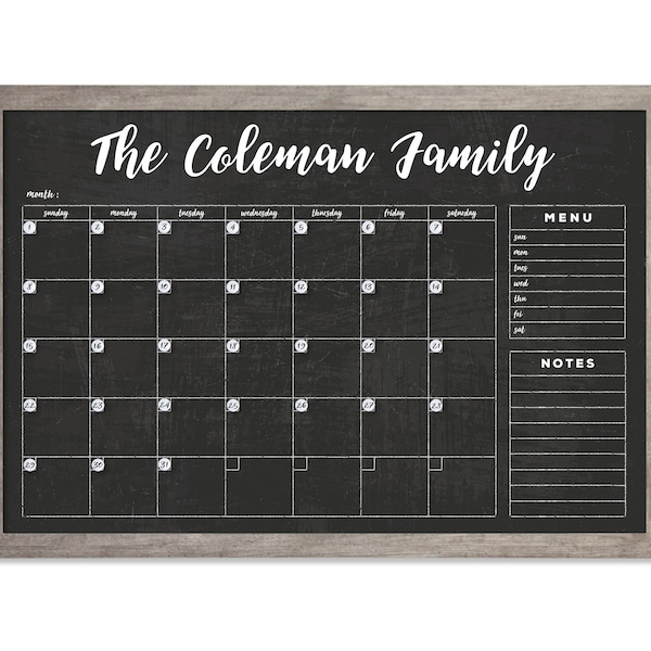 Large Personalized Calendar, Custom Family Name Calendar , Dry-Erase Chalkboard Calendar, 36x24 Horizontal Reusable Calendar #24101